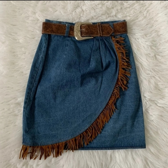 Vintage Faux Suede fringe denim skirt - Picture 1 of 4